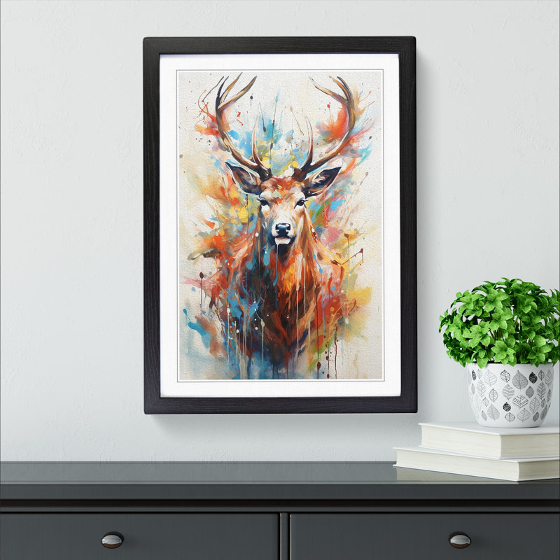 Deer Gestural - Single Picture Frame Print on Wood, Black Framed, 34cm H x 25cm W