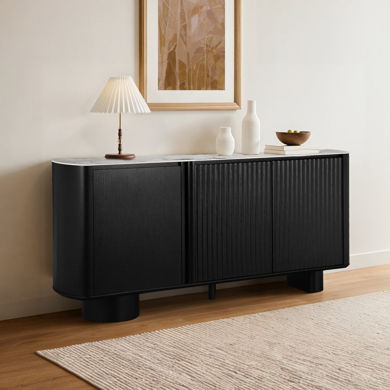 Walther 71" Modern Black Oak 3-Door Fluted Sideboard with Adjustable Storage and Ceramic Top