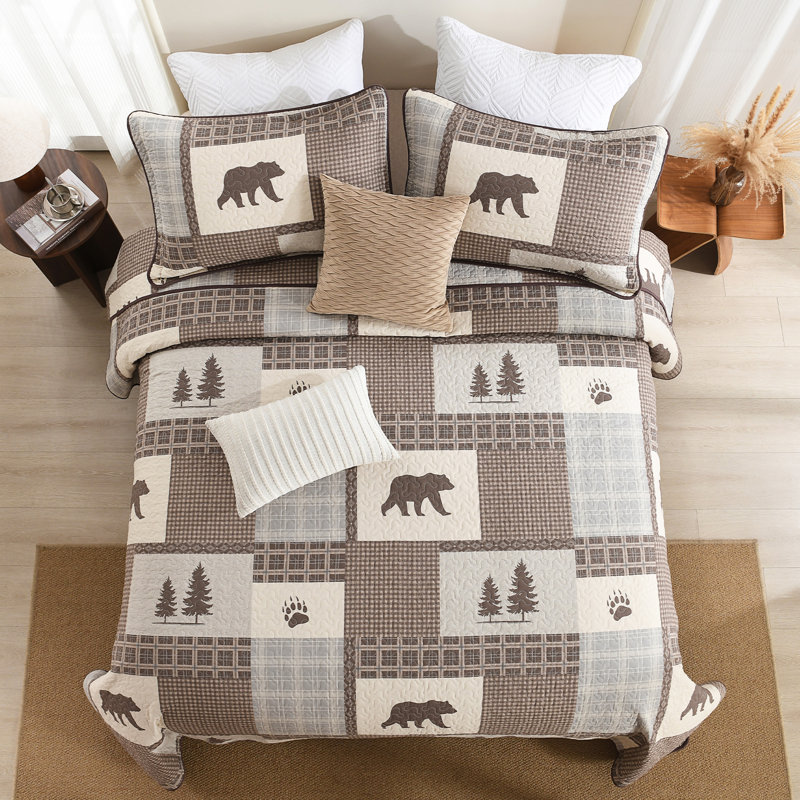 Ensemble de courtepointe 100% coton DDUOXIN Farmhouse Bear Forest, Courtepointe très grand + 2 taies décoratives