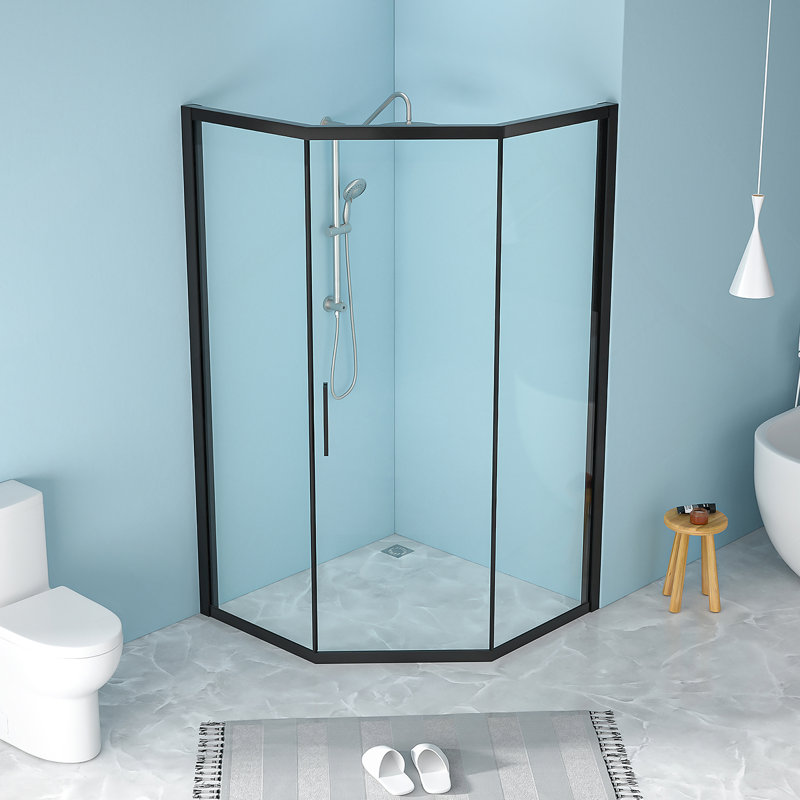 Porte de douche de coin en forme de losange l 42 po x H 76 po, noir mat 5/16 po (8 mm)