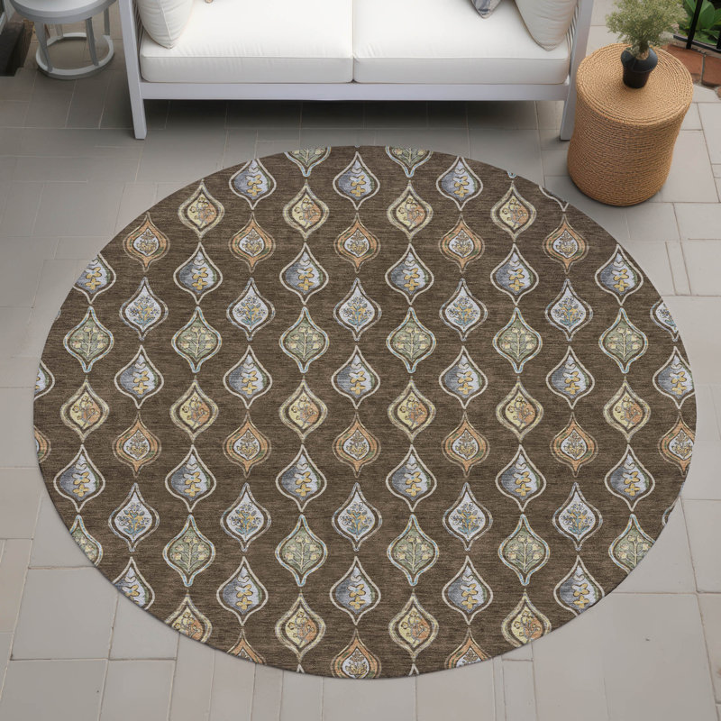 Machine Washable Indoor/Outdoor Chantille ACN2632 Floral Rug, Chocolate, 8' Round