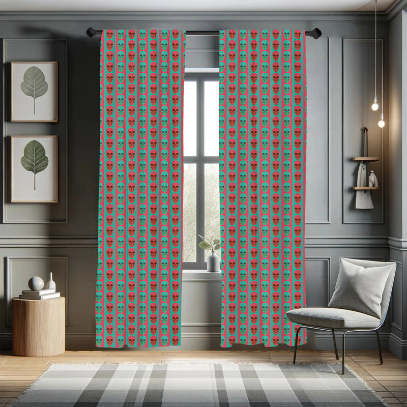 Jade Green and Magenta Skull Pattern Rod Pocket Curtains, 28" x 84"