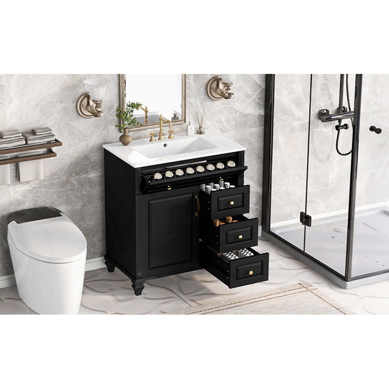 Meuble-lavabo autoportant de 76 cm avec lavabo, tiroir rabattable, 3 tiroirs et armoire de rangement, noir, Noir, Noir