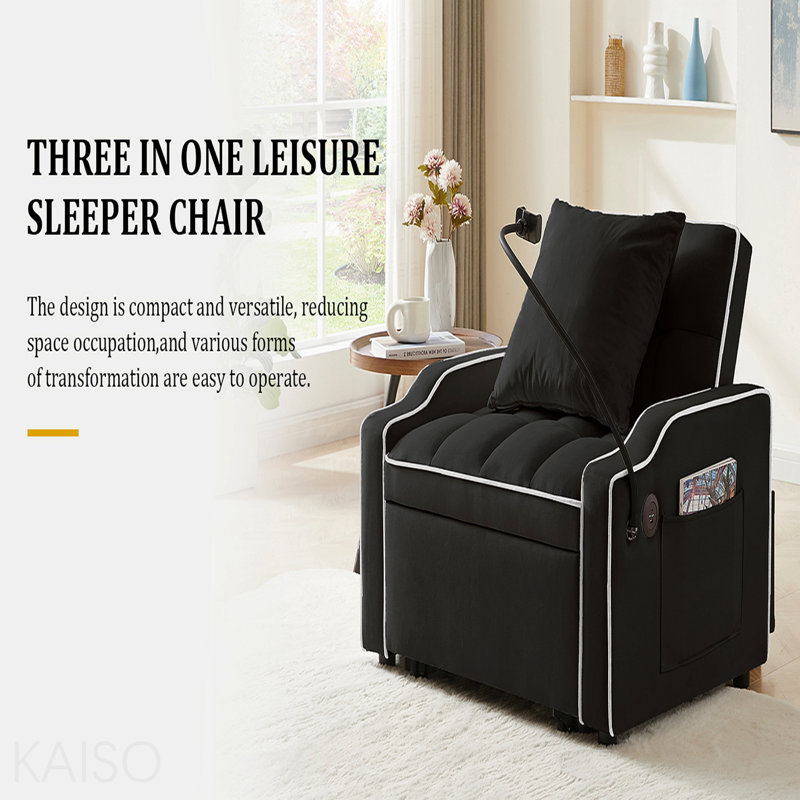 Canapé-lit convertible noir 3-en-1, fauteuil inclinable réglable avec dossier, support pour téléphone, ports USB et de type C pour le salon, la chambre à coucher et les petits espaces