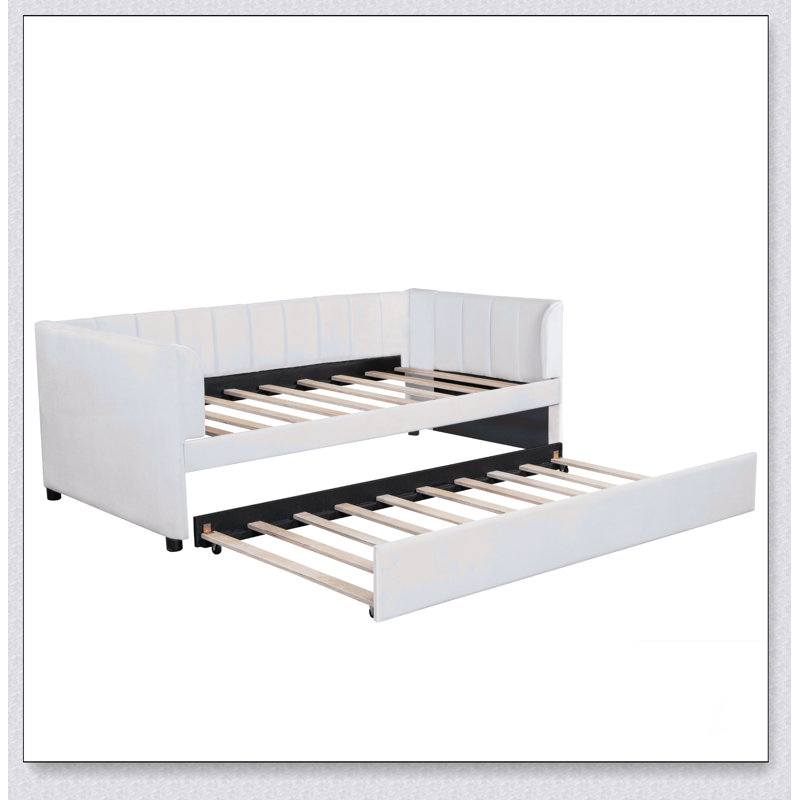 Upholstered Daybed With Ergonomic Design Backrest And Trundle, Beige