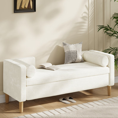 65.35" Storage Bench, Corduroy Upholstered End Of Bed Bench With Bolster Pillows, Modern Storage Bench With Natural-patterned Wooden Legs, comfy Entry by Mercer41