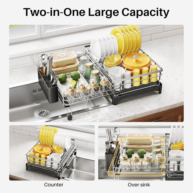 Large Silver Extendable Metal Dish Drying Rack with Utensil Holder