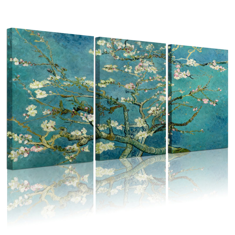 Ensemble de 3 tableaux muraux sur toile de style Van Gogh « Amandier en fleurs »., H 36 po x l 72 po