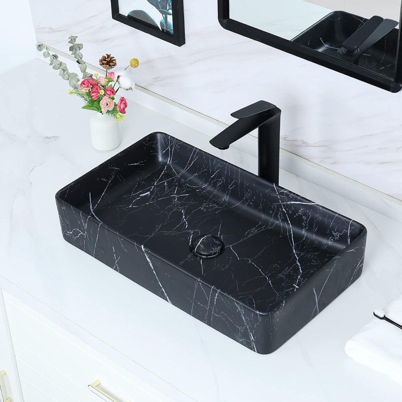 Lavabo de salle de bain vasque rectangulaire en céramique noire 13,3 po avec comptoir Davivy