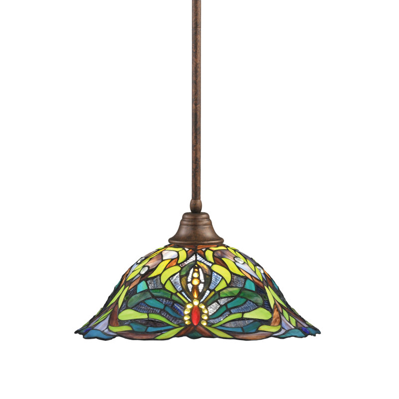 Stem Hung Pendant With Glass, Bronze, 18", Kaleidoscope Tiffany Glass