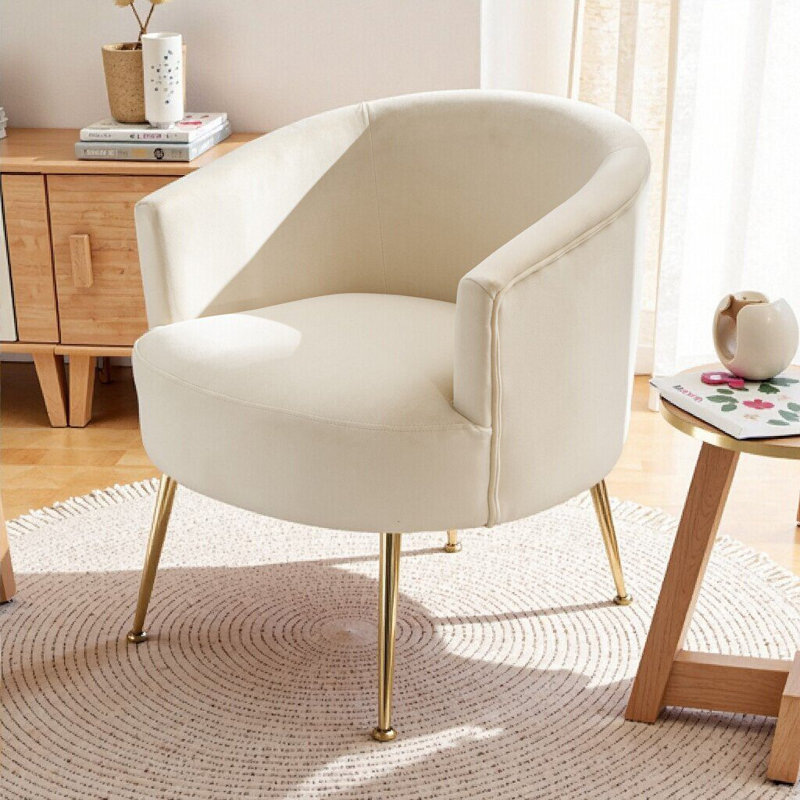 Velvet and Teddy Fabric Accent Chair With Metal Legs, Beige Velvet