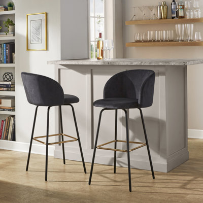 Fixed-Height Barstool With Swivel In Black Metal And Grey Velvet With Square Gold Metal Footrest - Set Of 2