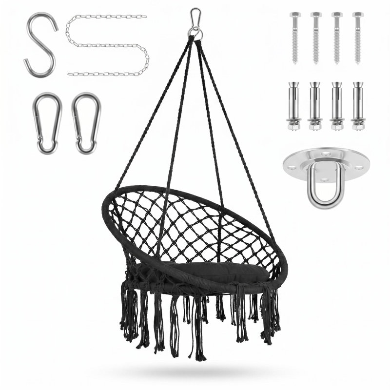 Balancelle stable en macramé, chaise suspendue pour chambre à coucher avec coussin épais, balancelle robuste pour chambre à coucher avec structure en acier thermolaqué