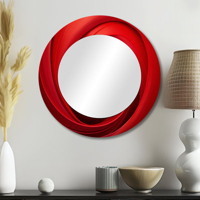 Red Perpetual Pulse Vortex I - Abstract Spirals Large Wall Mirror, Modern Round Unique Mirror, Printed Metal Art