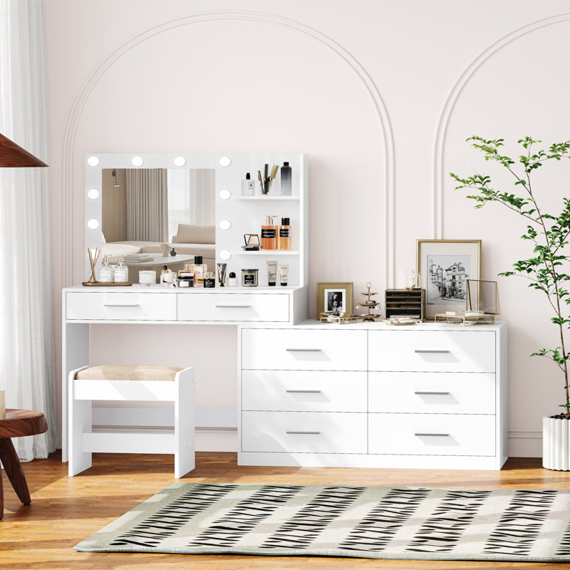Vanity Desk with Mirror and Lights, Makeup Vanity Table Set with 8 Drawers, Opening Shelf, Side Drawer Dresser