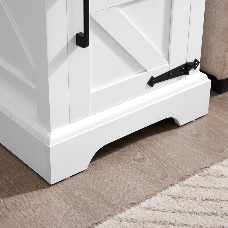 Table de bout Farmhouse avec porte de grange et tablette de rangement réglable, Blanc