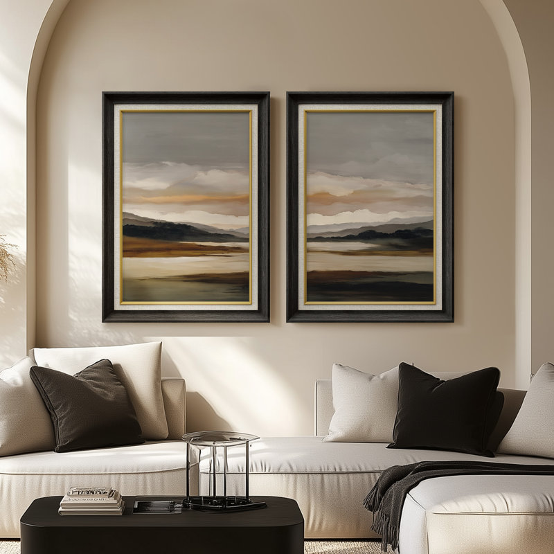 «Moody Lake Reflection Landscape Soft Neutral Horizon», ensemble de 2 reproductions d'art encadrées de qualité supérieure sur papier, 26 po x 36 po