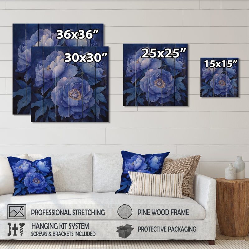 Midnight Blue Peonies Bouquet III - Peonies Wood Wall Decor - On Natural Pine Wood, 36" H x 36" W x 0.78" D