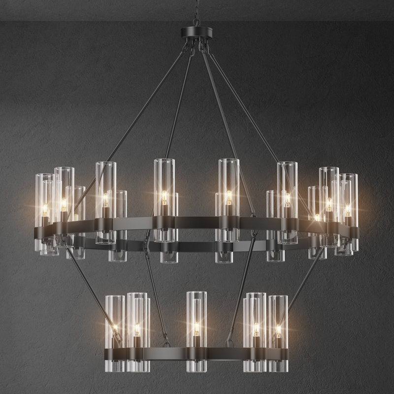 24-lights Chandelier,wagon Wheel Chandelier With Glass Shade, Matte Black