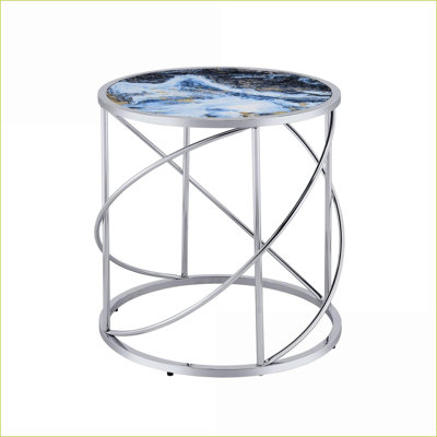 Blue Marbled Glass Top Coffee Table with Intricate Metal Base, 20mm Thick, Easy-Clean & Stable for Living Room