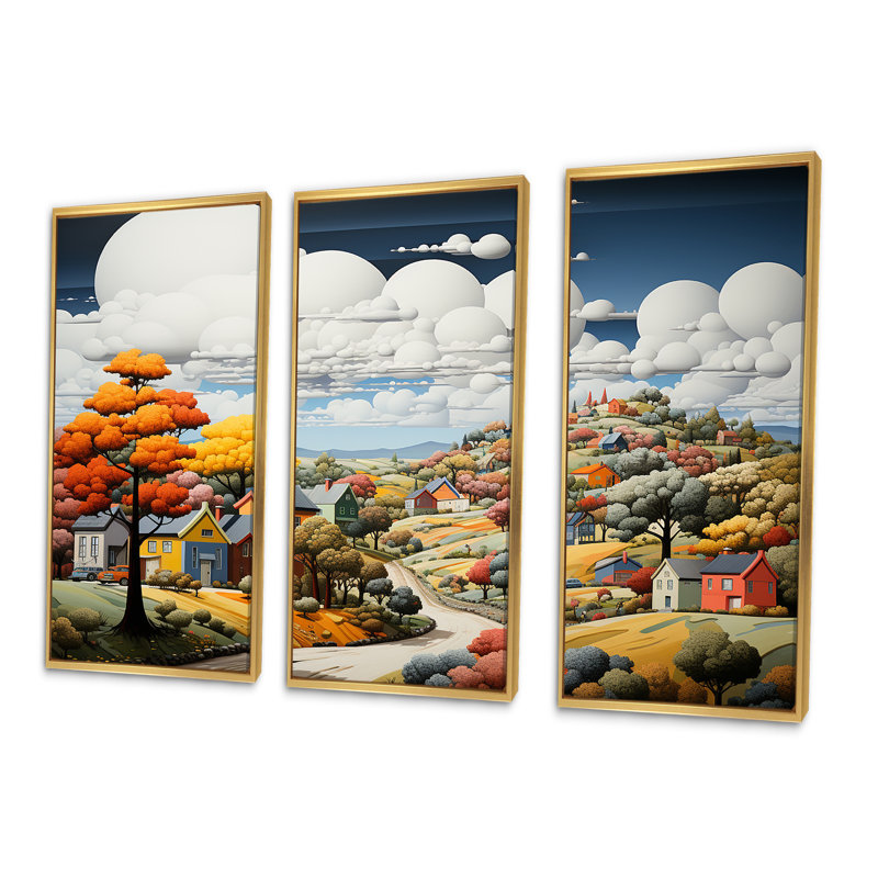 De Stijl Style County Side I - ensemble d'art sur toile campagne, Cadre flottant doré, H 32 po x l 48 po x P 1 po