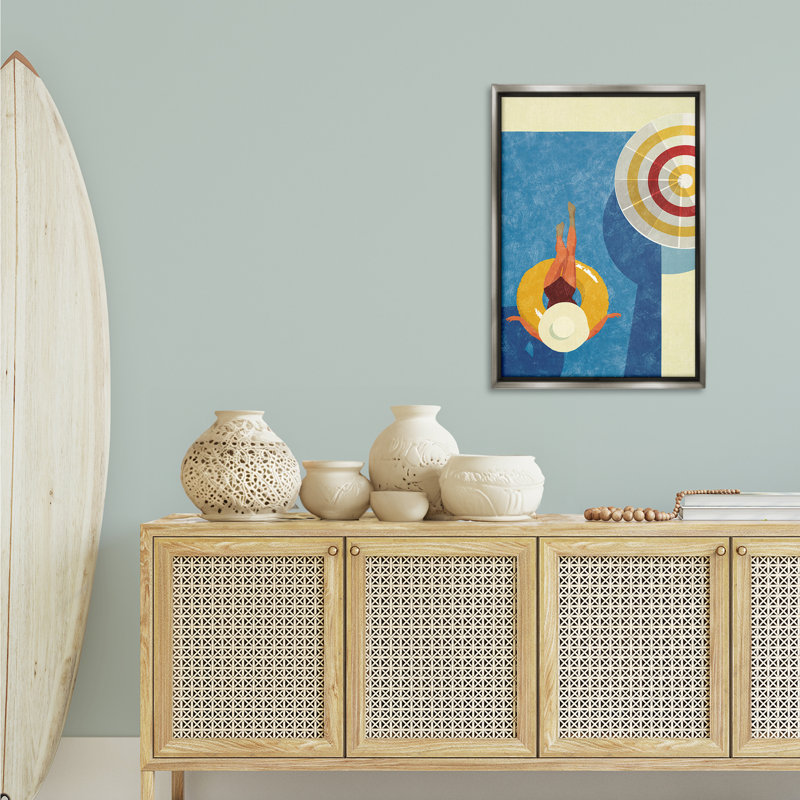 Relaxing on Pool Float Gold Framed Floater Canvas by Victoria Barnes, Grey, 31" H x 21" W