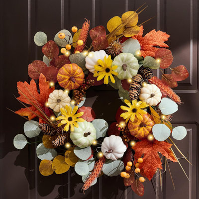 Fall Wreath with Lights for Front Door, Autumn Door Wreath with White Pumpkins Silk Maple Leaves, Outdoor Fall Halloween Decorations for Home Porch Th