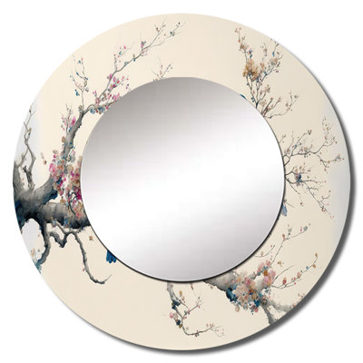 Rahjae Multicolor Birds On Plum Blossoms Tree I - Bird Large Mirror, Modern Round Decorative Wall Mirror, Printed Metal Art