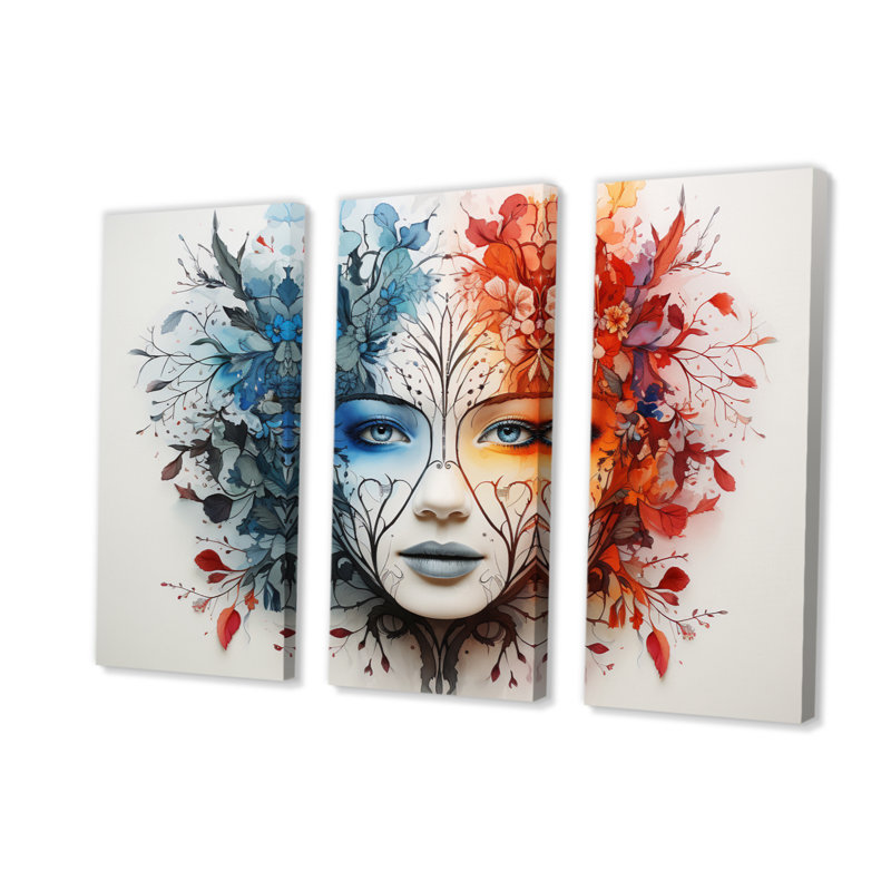 Automne, portrait floral de femme III sur toile, 3 pièces, H 40 po x l 60 po x P 1 po
