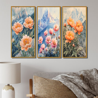 Pivoines et le sommet de la montagne I - Collection de grandes impressions sur pivoines rouges