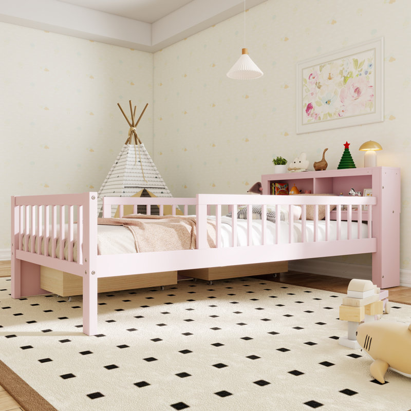 Lit plateforme en bois avec garde-corps et support de tête de lit de style minimaliste, Rose