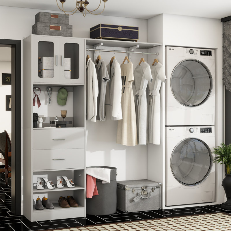 60" Closet System With Visualize Cabinet Door And Wooden Drawers, Gray
