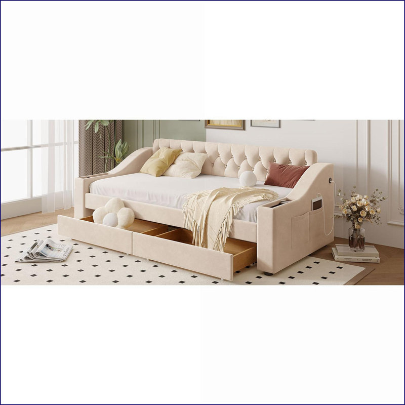 Twin Size Velvet Upholstered Daybed with Storage Drawers &amp; USB Ports Beige – No Box Spring Needed, Beige