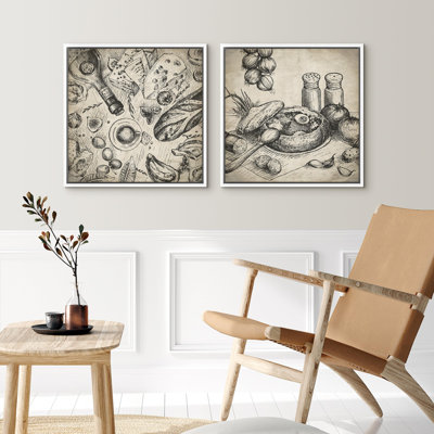 Food And Beverages " Vintage Kitchen Sketch Rustic Culinary Illustrations Modern Art Minimalist " 2 Piece Art Print