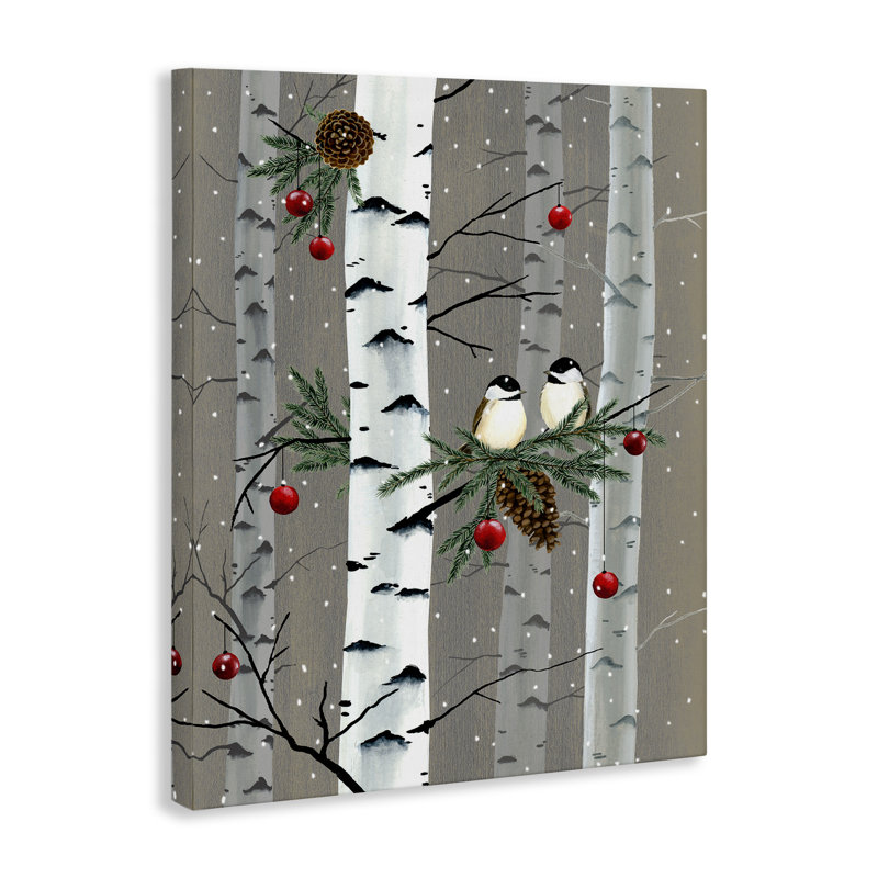 «Birds and Holiday Ornaments Birch Tree Forest» par Grace Popp - impression d'art graphique, H 30 po x l 24 po