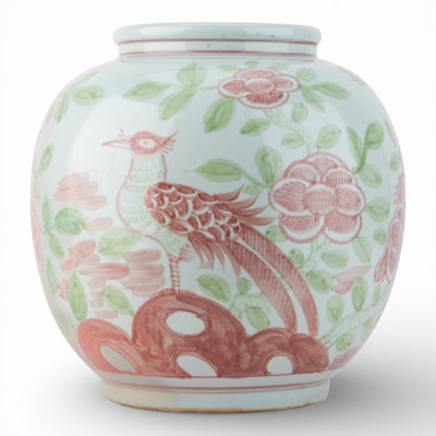 Coral Red and Green Bird and Floral Round Porcelain Vase