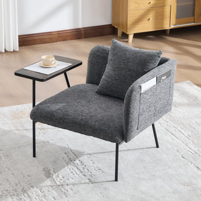 Fauteuil de loisirs, fauteuil de détente avec petite table et coussin de dossier, chaises rembourrées modernes avec pieds en métal et poches latérales, canapé simple pour le salon / la chambre / le jardin