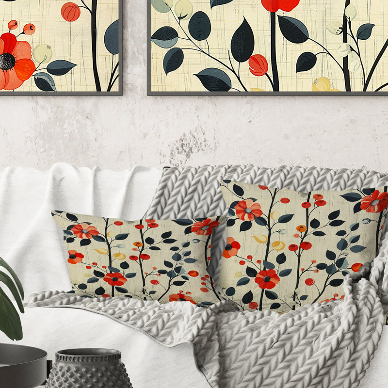 Coussin décoratif orange et vert floral harmonie - Mid-Century, H 18 po x l 18 po