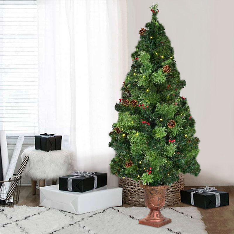Arbre de Noël 48 po H 48 po en forme de pin artificiel vert régulier avec 100 lumières DEL Pinecones, H 5 pi