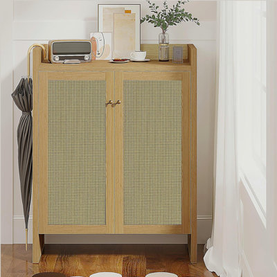 42.5" Tall Rattan Shoe Cabinet with Doors, 6-Tier Shoe Storage Cabinet with Adjustable Shelves, Wooden Freestanding Shoe Organizer Shoe Cabinet