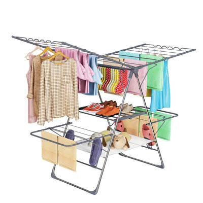 Clothes Drying Rack, Foldable 2-Level Laundry Racks For Drying Clothes Rack,Stainless Steel Drying Rack Clothing Collapsible For Indoor Outdoor,With Height-Adjustable Wings,33 Drying Rails,(Grey)