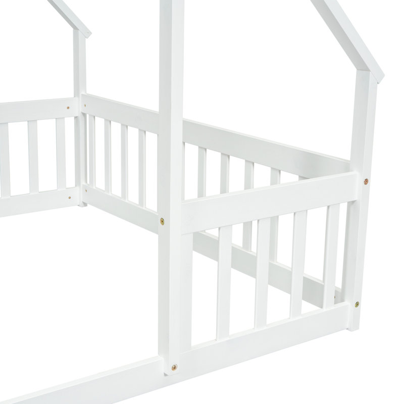 Lit au sol avec toit en forme de maison et garde-corps blanc - Pin construit pour un repos paisible, Blanc