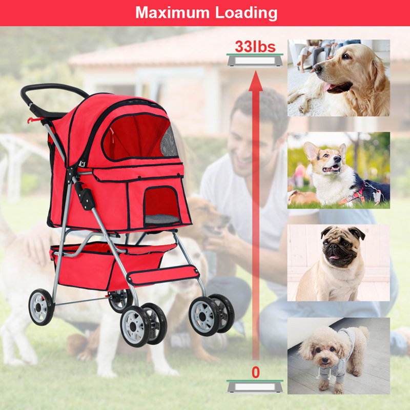 Red Folding Pet Stroller with Mesh Windows