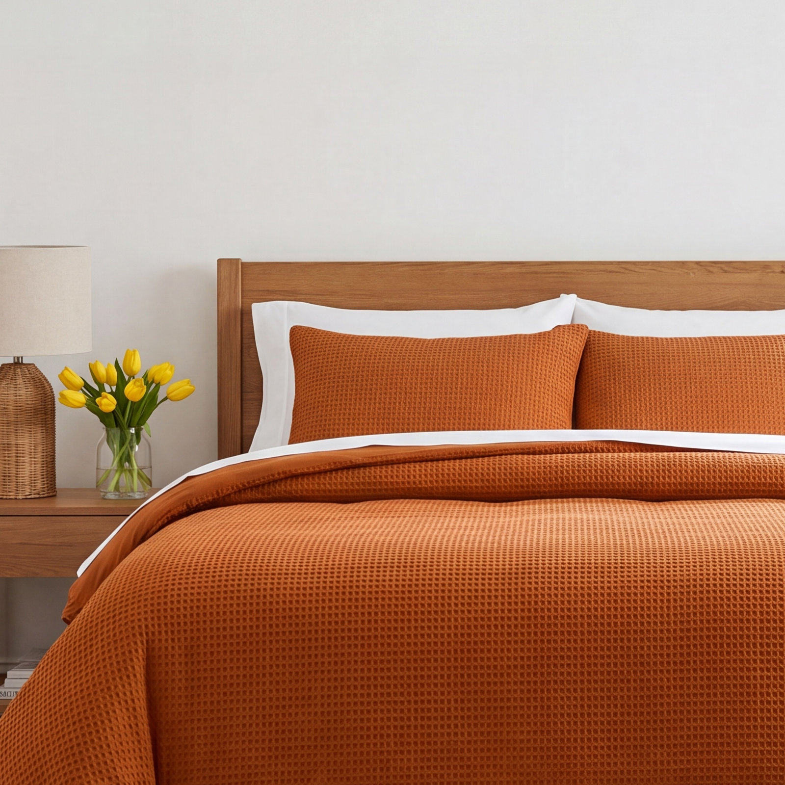 Felix Waffle Cotton Comforter Set, Full / Queen Comforter + 2 Standard Shams, Rust