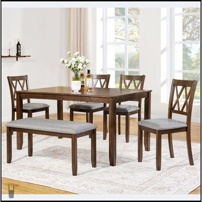 Élégante table de salle à manger en bois 6 pièces avec 4 chaises et un banc, moderne et spacieuse pour les réunions de famille et les repas de tous les jours.