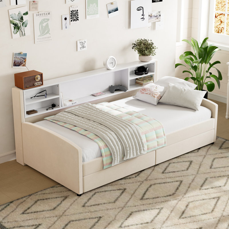Lit plateforme simple tapissier avec rangement et tiroirs, Beige