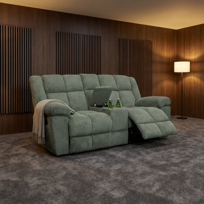 Causeuse inclinable en velours côtelé vert sauge | Canapé inclinable manuel 2 places avec console de rangement et porte-gobelets