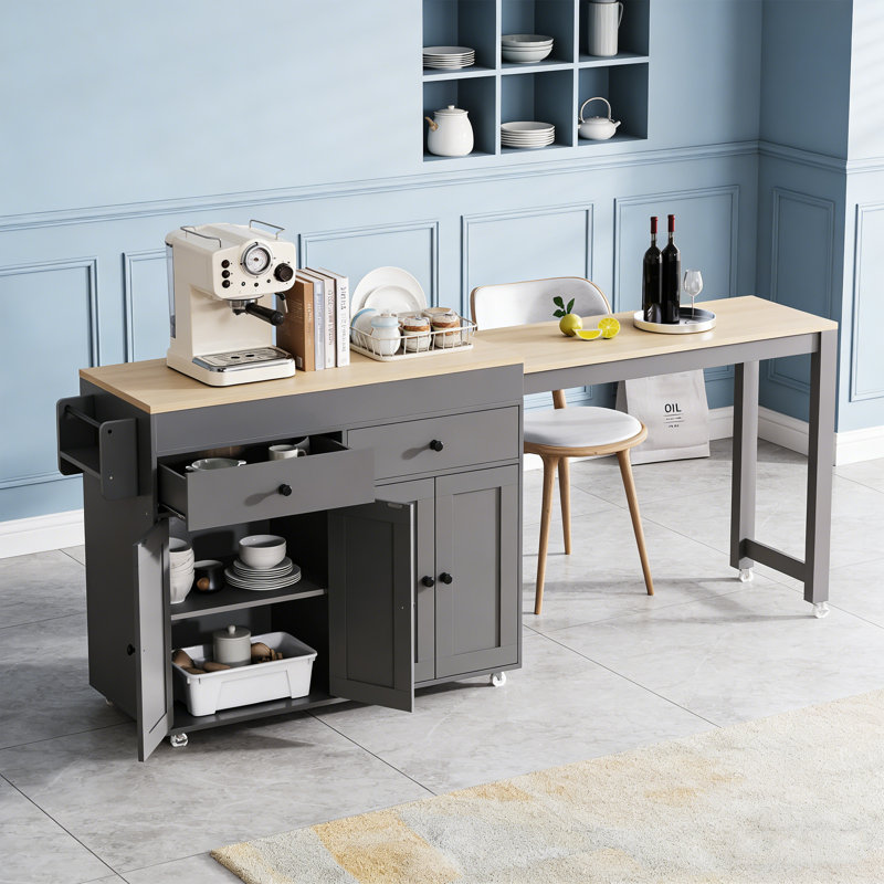 74.5 Inch Rolling Kitchen Island with Extendable Dining Table, Ample Storage, and Lockable Wheels for Flexible Use., Grey