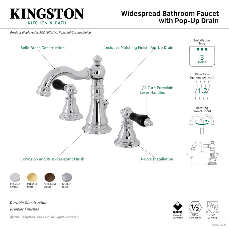 Kingston Brass Duchess Two-Handle 3-Hole Deck Mount Widespread Bathroom Faucet with Pop-Up Drain, Brushed Nickel