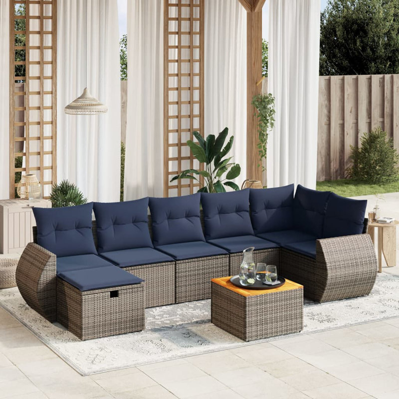 Ensemble de canapé de patio 8 pièces avec coussins en rotin de polyester, Gris, Marine